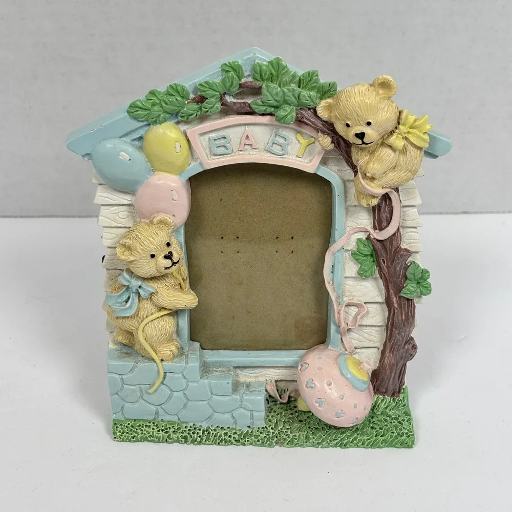 Vtg 90s Baby TeddyBear Photo Frame 3D Resin Nursery Decor Whimsical Keepsake